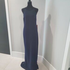 Calvin Klein Couture Style Navy Blue Crepe Halter Gown with Train  NWT 12